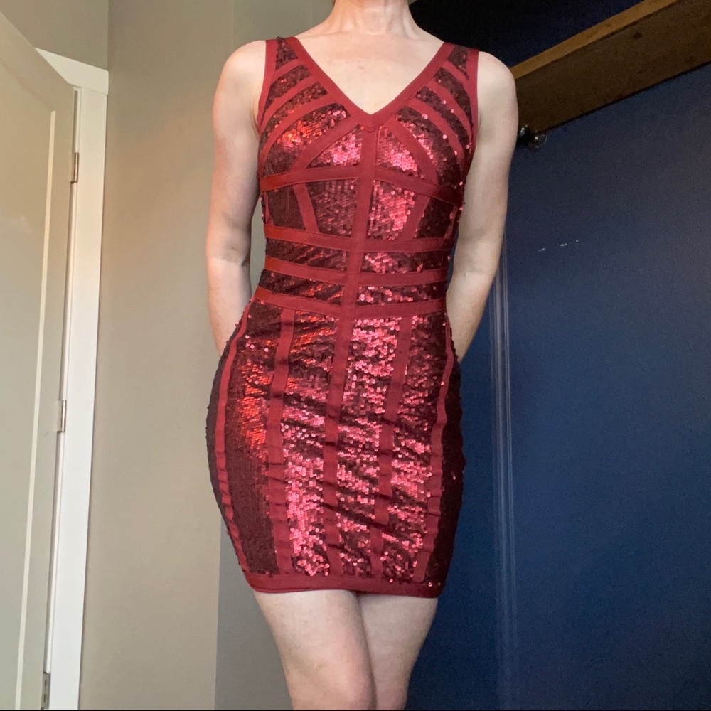 Burgundy Red Bodycon sequin sexy cocktail dress nightclub